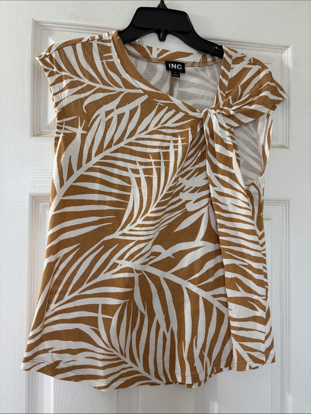 INC International Concepts White and Brown Leaf-Print Tie-Neck Top